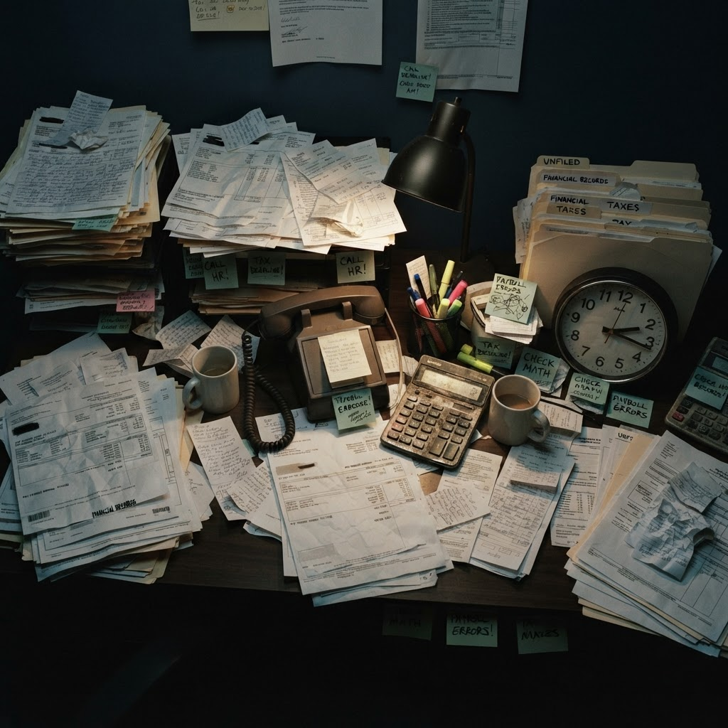 A cluttered desk overflowing with printed paystubs and paperwork